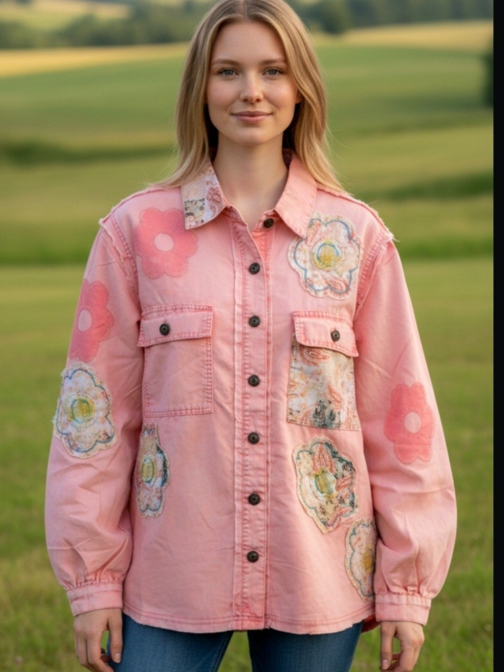 POL Pink Floral Patchwork Shacket- Women's